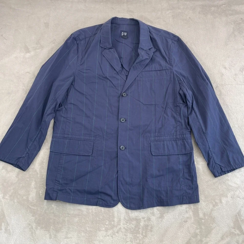 GAP 3 Button Jacket Blazer‎ Men 2XL Navy Blue Striped Cotton Work Office Preppy
